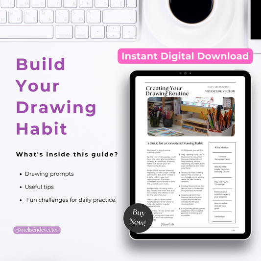 Cover of the Creating Your Drawing Habit Guide showing drawing prompts, useful tips, and daily creative challenges for artists.