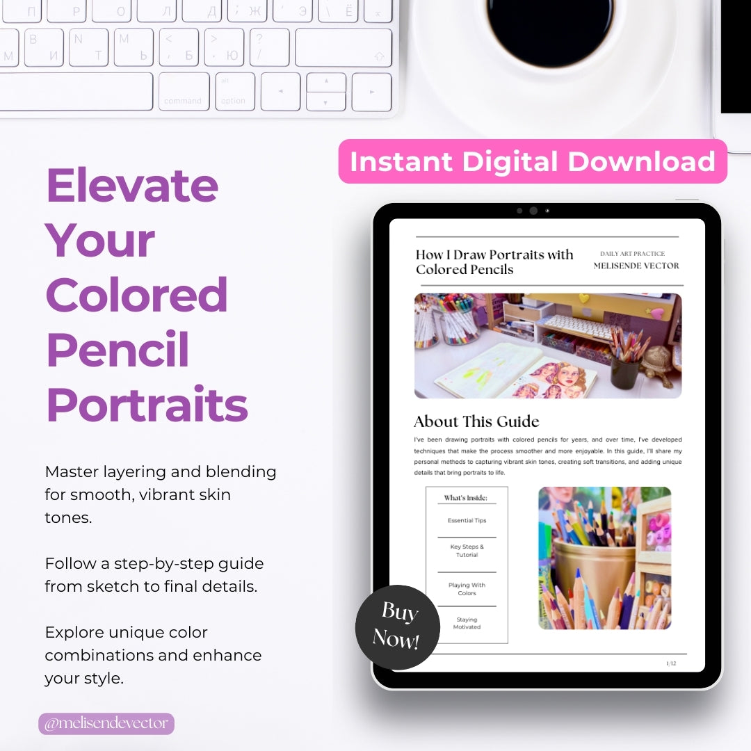 Cover of the Colored Pencil Portrait Guide – includes tips, step-by-step process, and colorful art tools