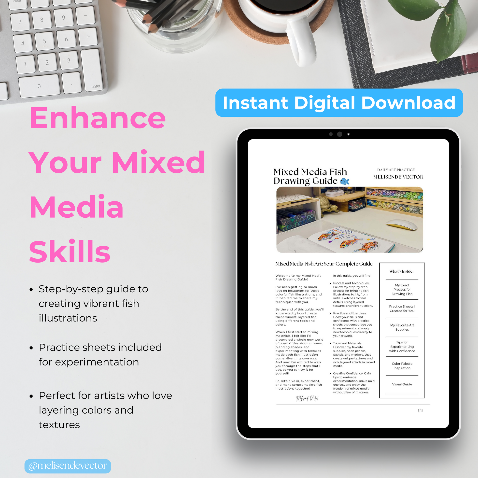 Cover of the Mixed Media Drawing Guide – includes fish illustrations, step-by-step process, and practice pages