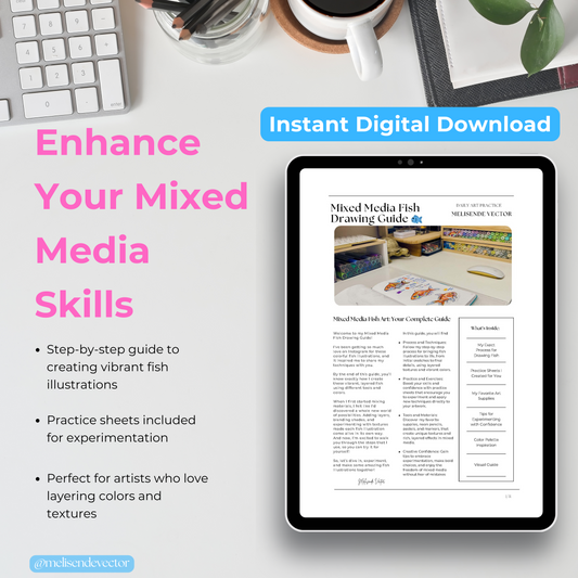 Cover of the Mixed Media Drawing Guide – includes fish illustrations, step-by-step process, and practice pages